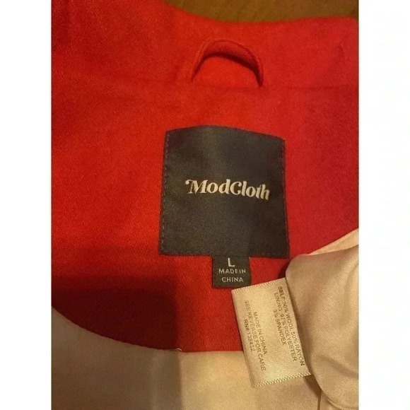MODCLOTH Wool Coat L Red NWT Peacoat Tie Front Trench Long White Buttons Women’s - Picture 4 of 9